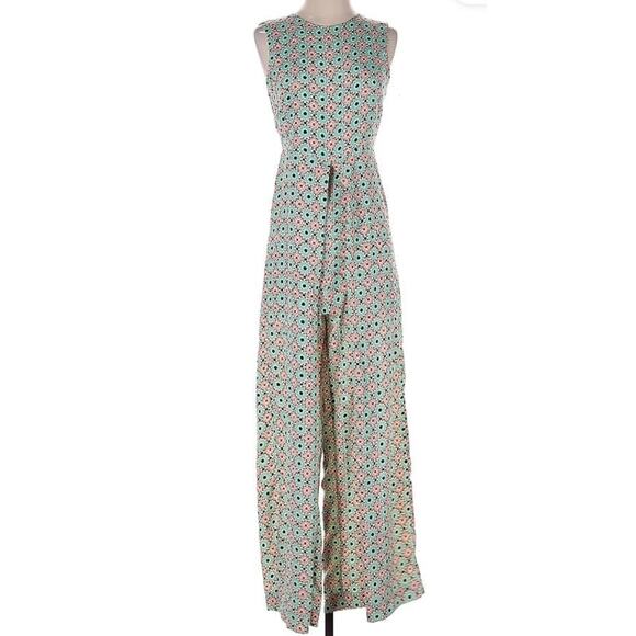 Anthropologie Green and Pink Geometric Jumpsuit - Picture 1 of 5